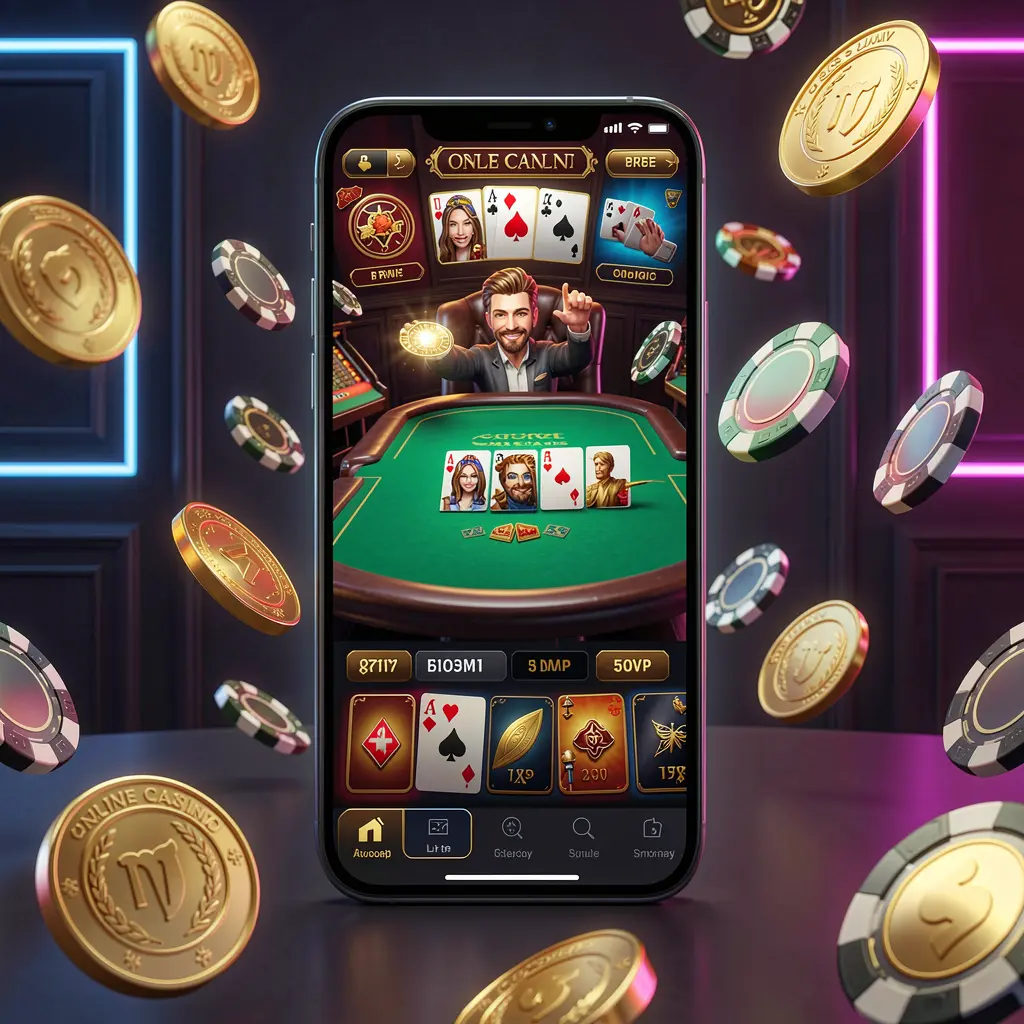 567TK online casino mobile app hero banner showing a modern smartphone with a glowing casino interface, golden coins and poker chips flying around against a dark luxury background with neon accents