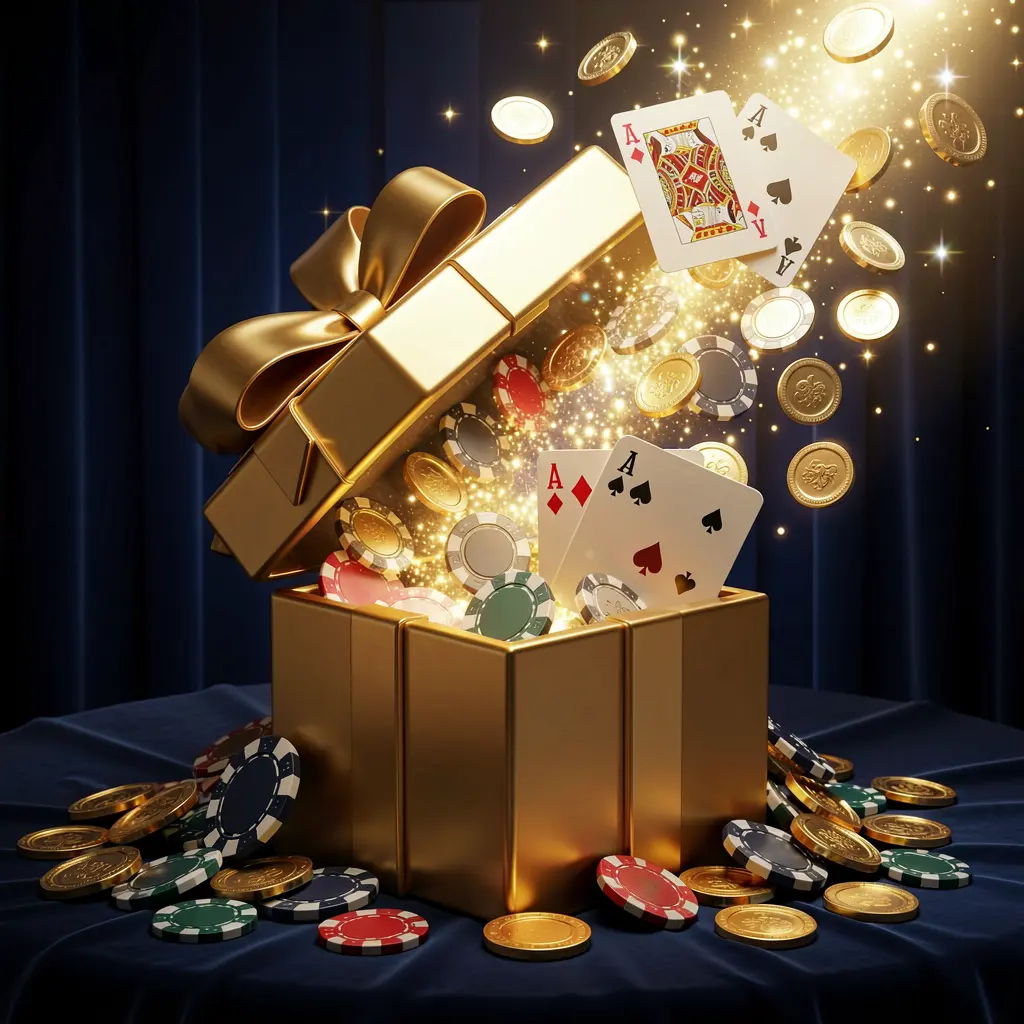 A luxurious welcome bonus scene for 567TK online casino featuring an open golden gift box with casino chips, playing cards, and sparkling coins bursting out against a bright golden glow and premium dark blue and black background in an elegant festive mood.