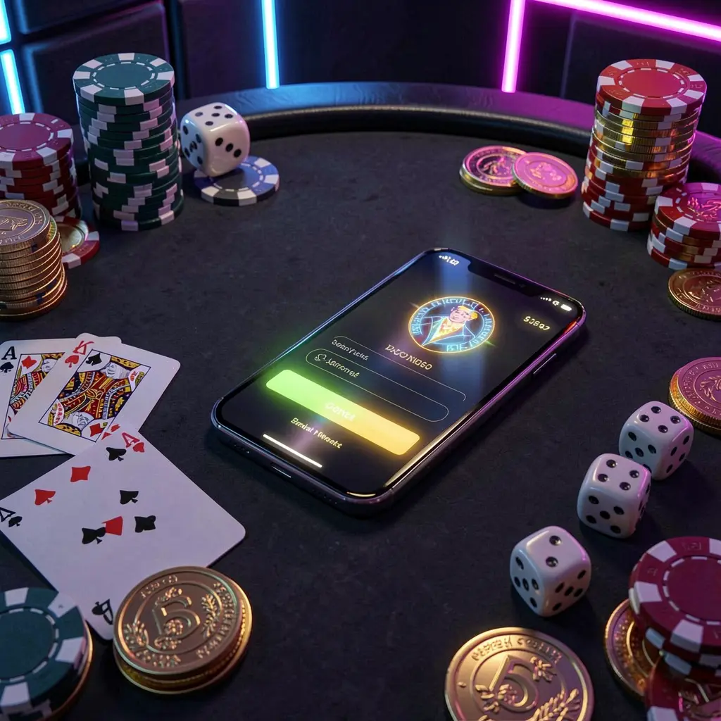 Realistic 3D render of a glowing smartphone on a casino table surrounded by cards, chips, dice, and gold coins with elegant dark background and neon highlights, featuring 567TK casino account sign in scene