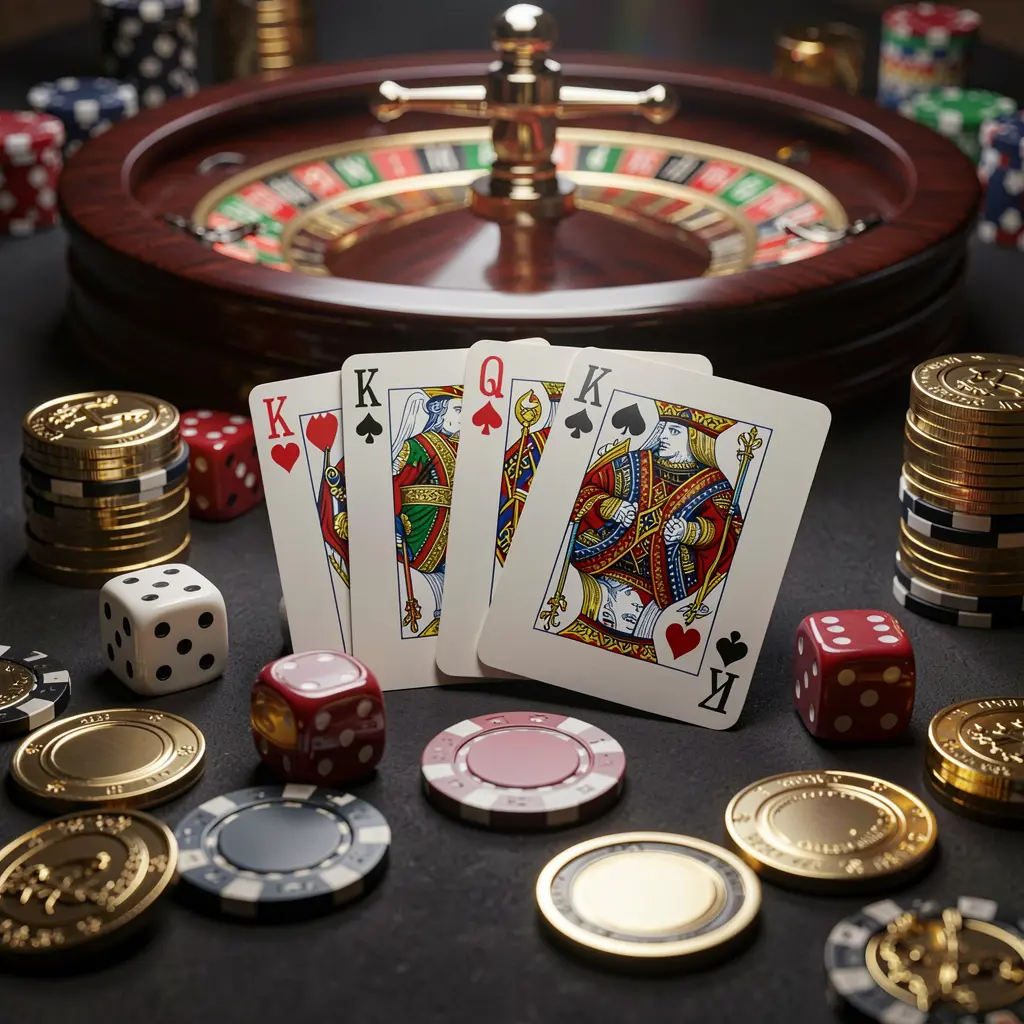 Elegant 567TK online casino homepage featuring royal flush cards, dice, golden coins, and poker chips on a dark table with a glowing roulette wheel in the background in a cinematic 3D render